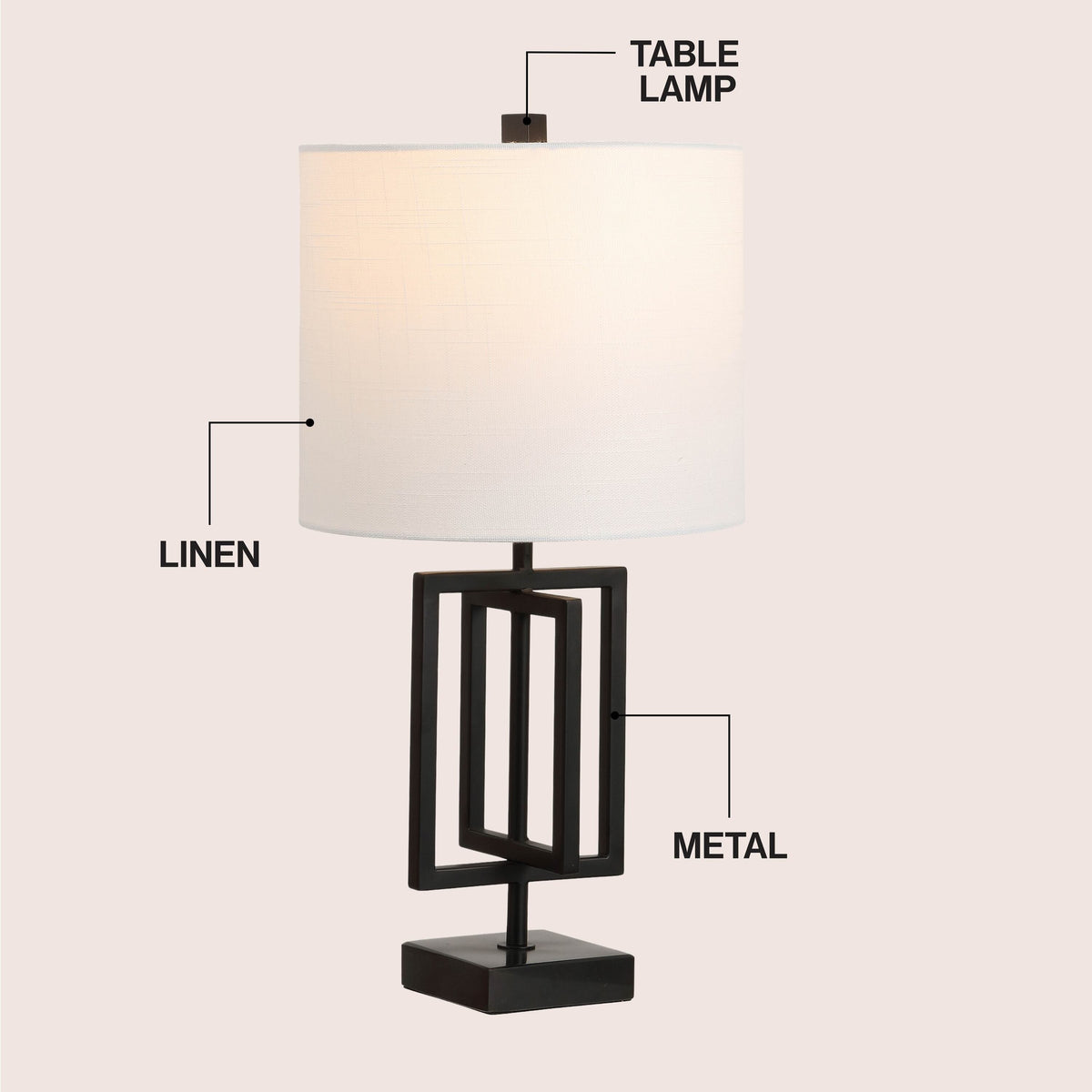 Anya 20.25" Organic Modern Geometric Interlocking Rectangular Metal LED Table Lamp with Marble Base, Black
