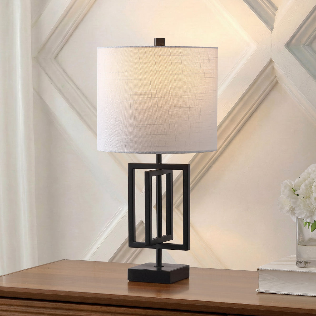 Anya 20.25" Organic Modern Geometric Interlocking Rectangular Metal LED Table Lamp with Marble Base, Black