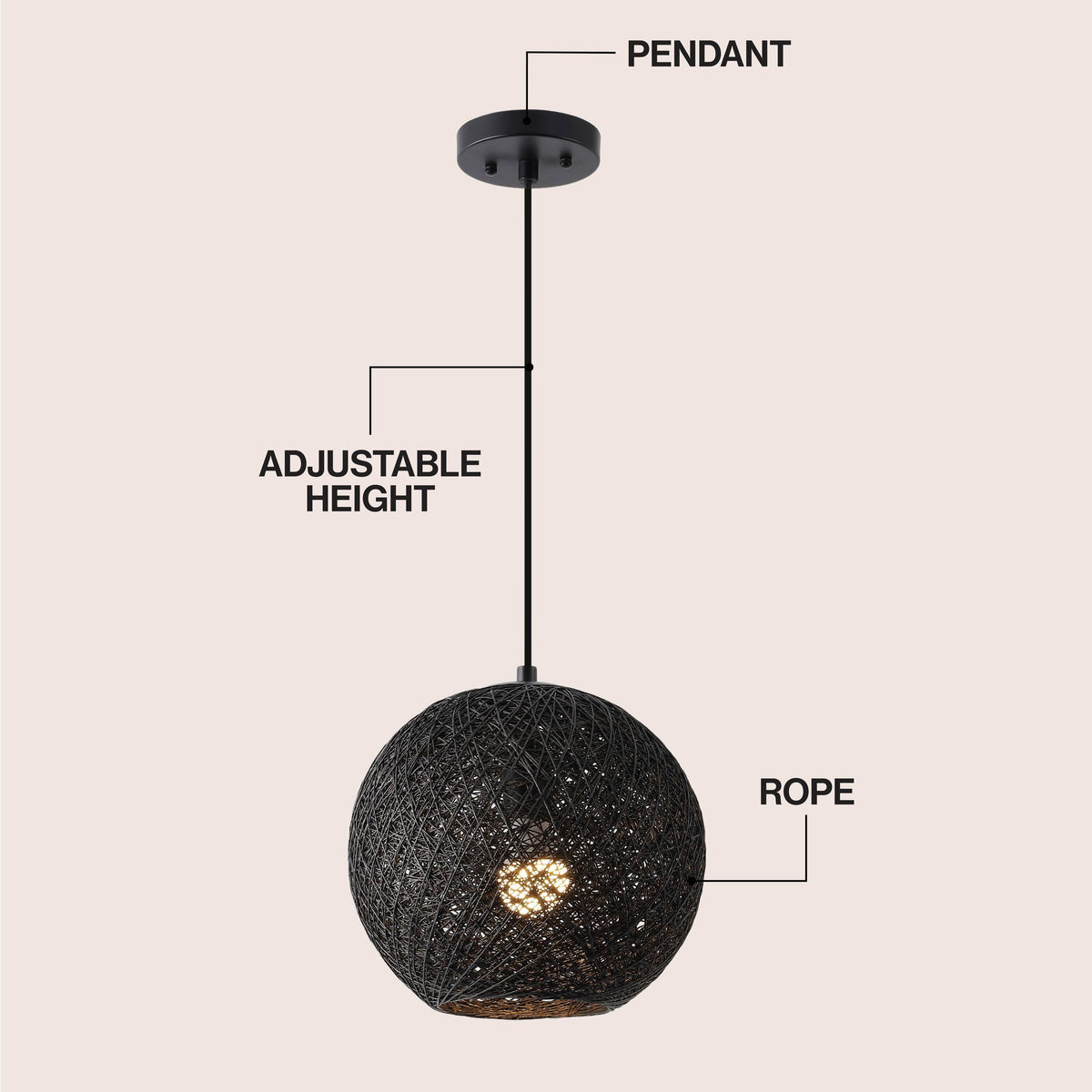 Lacey 1-Light Bohemian Minimalist Adjustable Rattan-Style Woven Rope Globe Basket LED Pendant