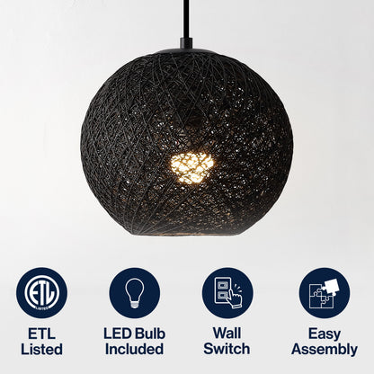Lacey 1-Light Bohemian Minimalist Adjustable Rattan-Style Woven Rope Globe Basket LED Pendant