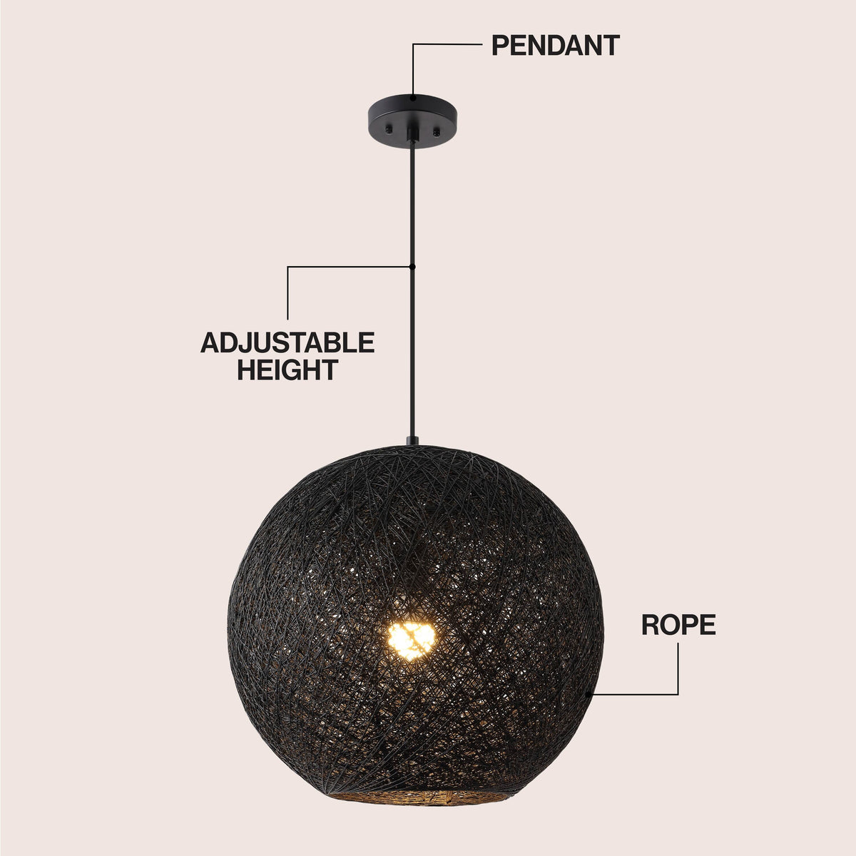 Lacey 1-Light Bohemian Minimalist Adjustable Rattan-Style Woven Rope Globe Basket LED Pendant