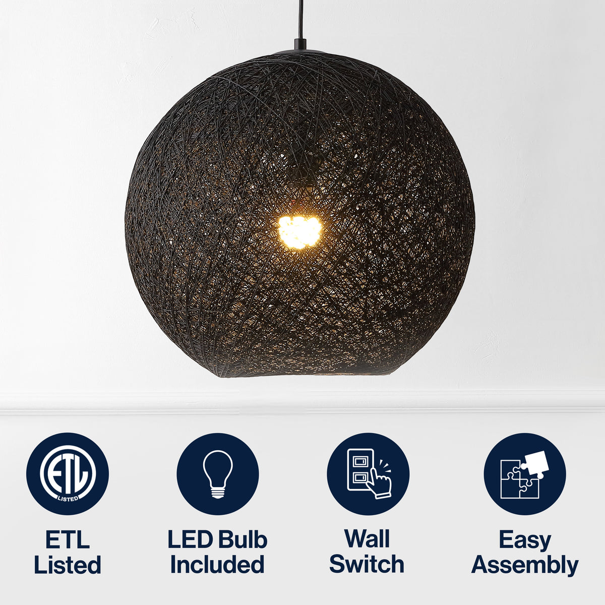 Lacey 1-Light Bohemian Minimalist Adjustable Rattan-Style Woven Rope Globe Basket LED Pendant