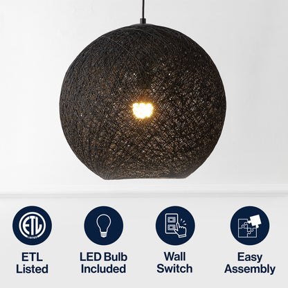 Lacey 1-Light Bohemian Minimalist Adjustable Rattan-Style Woven Rope Globe Basket LED Pendant