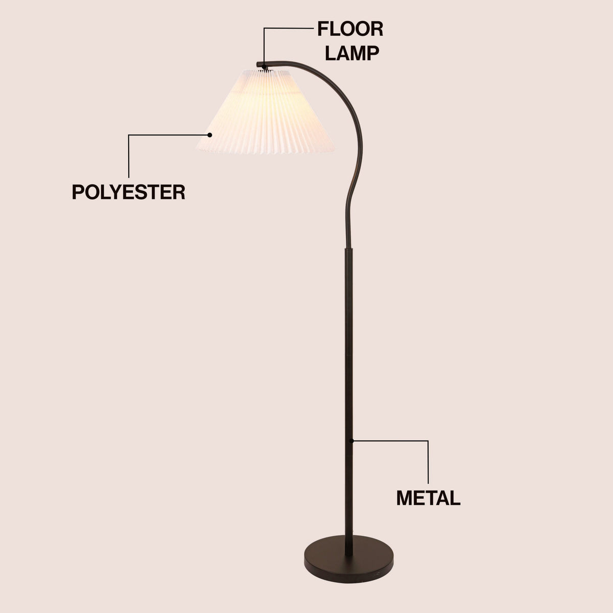Devon Modern Glam Metal Arc LED Floor Lamp with Pleated Shade