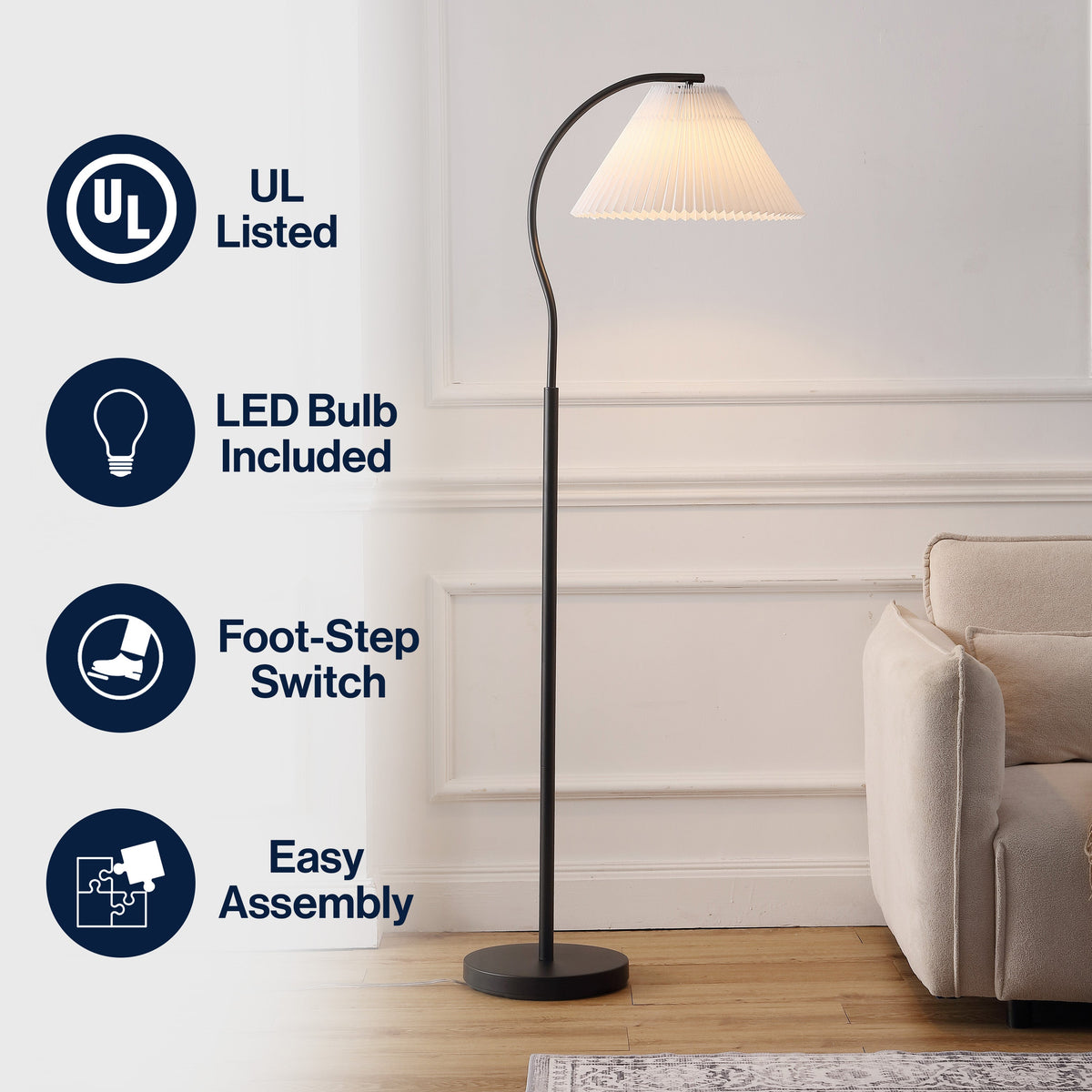 Devon Modern Glam Metal Arc LED Floor Lamp with Pleated Shade
