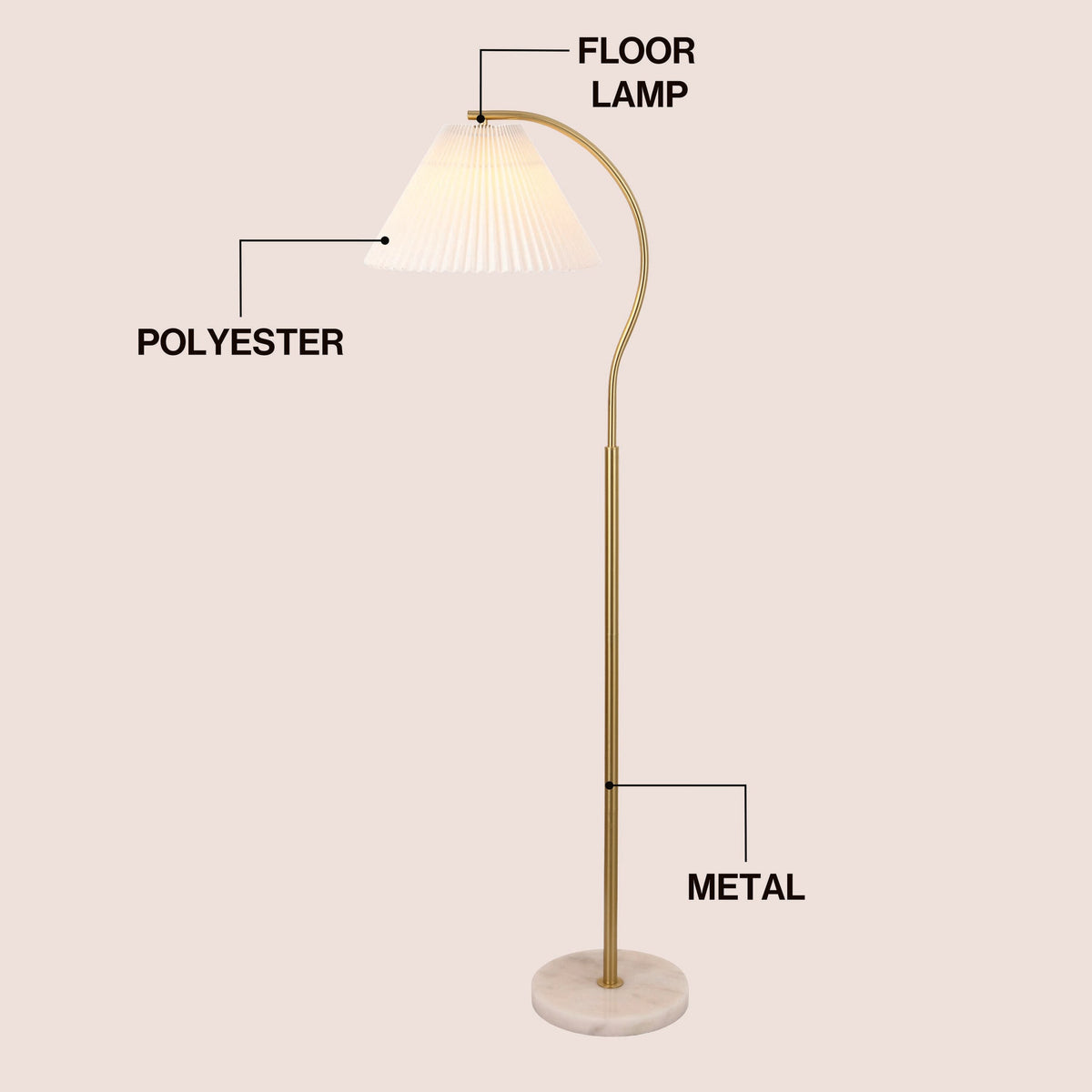 Devon Modern Glam Metal Arc LED Floor Lamp with Pleated Shade