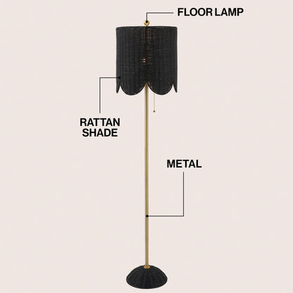 Joel 63.5" Coastal Bohemian Scallop Shade Rattan/Metal LED Floor Lamp with Pull Chain