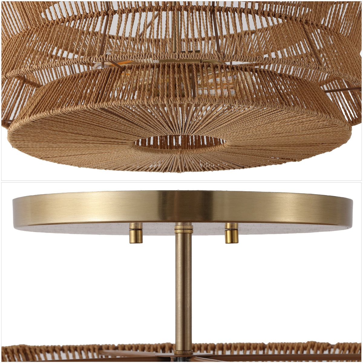 Maya 23.75" 2-Light Bohemian Farmhouse 2-Tier Metal Hand-Woven Paper Rope Tapered Drum LED Semi Flush Mount, Brown/Brass Gold