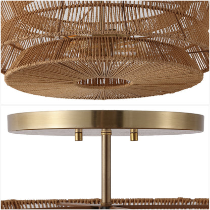 Maya 23.75" 2-Light Bohemian Farmhouse 2-Tier Metal Hand-Woven Paper Rope Tapered Drum LED Semi Flush Mount, Brown/Brass Gold