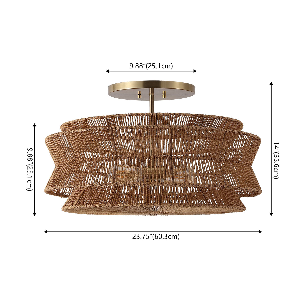 Maya 23.75" 2-Light Bohemian Farmhouse 2-Tier Metal Hand-Woven Paper Rope Tapered Drum LED Semi Flush Mount, Brown/Brass Gold