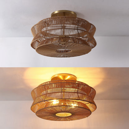 Maya 23.75" 2-Light Bohemian Farmhouse 2-Tier Metal Hand-Woven Paper Rope Tapered Drum LED Semi Flush Mount, Brown/Brass Gold