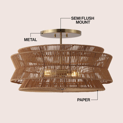 Maya 23.75" 2-Light Bohemian Farmhouse 2-Tier Metal Hand-Woven Paper Rope Tapered Drum LED Semi Flush Mount, Brown/Brass Gold