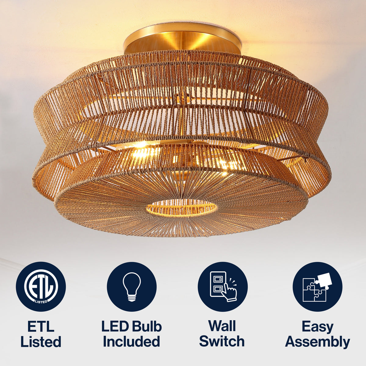 Maya 23.75" 2-Light Bohemian Farmhouse 2-Tier Metal Hand-Woven Paper Rope Tapered Drum LED Semi Flush Mount, Brown/Brass Gold