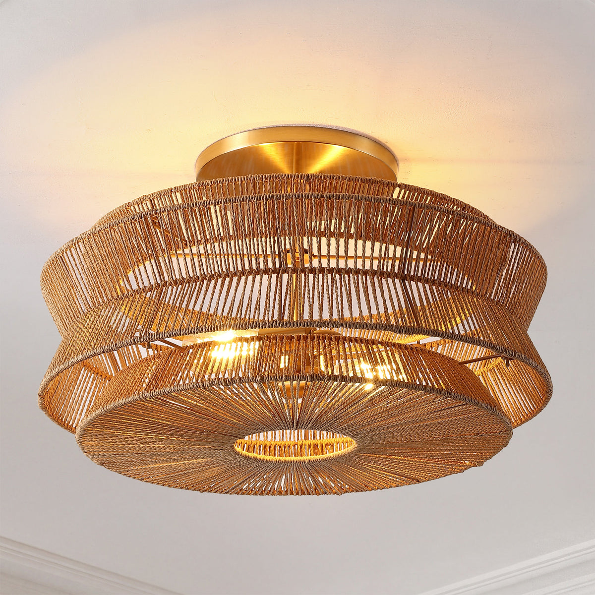 Maya 23.75" 2-Light Bohemian Farmhouse 2-Tier Metal Hand-Woven Paper Rope Tapered Drum LED Semi Flush Mount, Brown/Brass Gold