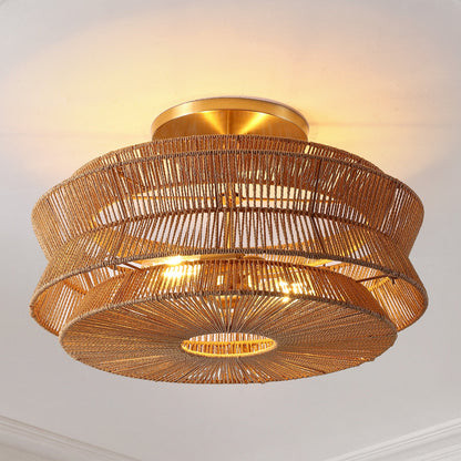 Maya 23.75" 2-Light Bohemian Farmhouse 2-Tier Metal Hand-Woven Paper Rope Tapered Drum LED Semi Flush Mount, Brown/Brass Gold