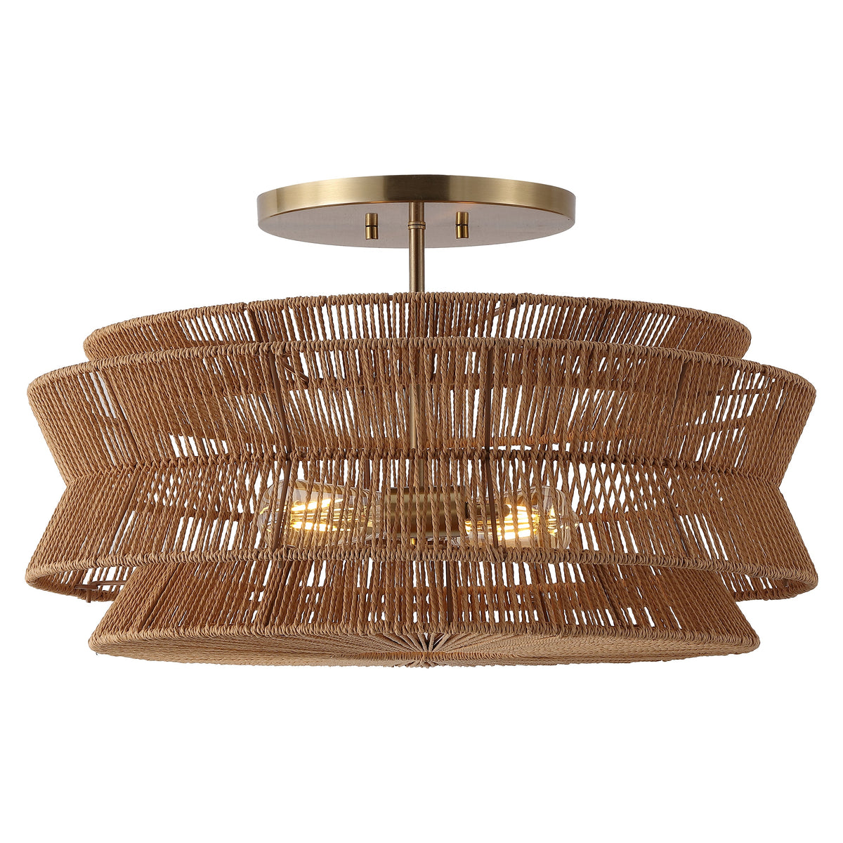 Maya 23.75" 2-Light Bohemian Farmhouse 2-Tier Metal Hand-Woven Paper Rope Tapered Drum LED Semi Flush Mount, Brown/Brass Gold