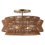 Maya 23.75" 2-Light Bohemian Farmhouse 2-Tier Metal Hand-Woven Paper Rope Tapered Drum LED Semi Flush Mount, Brown/Brass Gold