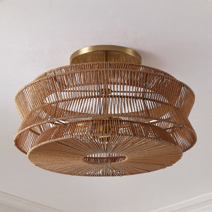 Maya 23.75" 2-Light Bohemian Farmhouse 2-Tier Metal Hand-Woven Paper Rope Tapered Drum LED Semi Flush Mount, Brown/Brass Gold