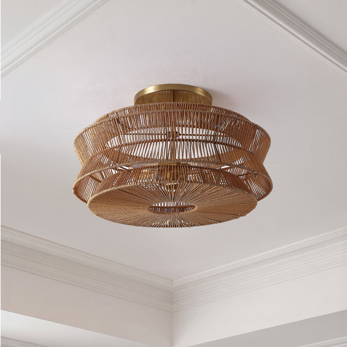 Maya 23.75" 2-Light Bohemian Farmhouse 2-Tier Metal Hand-Woven Paper Rope Tapered Drum LED Semi Flush Mount, Brown/Brass Gold