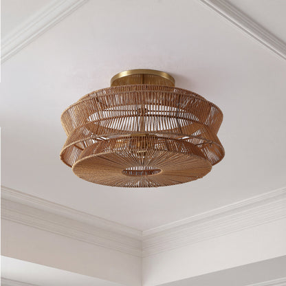 Maya 23.75" 2-Light Bohemian Farmhouse 2-Tier Metal Hand-Woven Paper Rope Tapered Drum LED Semi Flush Mount, Brown/Brass Gold