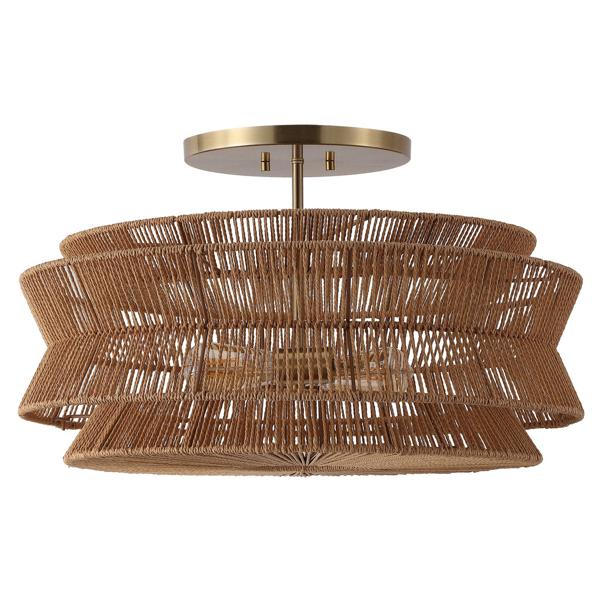 Maya 23.75" 2-Light Bohemian Farmhouse 2-Tier Metal Hand-Woven Paper Rope Tapered Drum LED Semi Flush Mount, Brown/Brass Gold