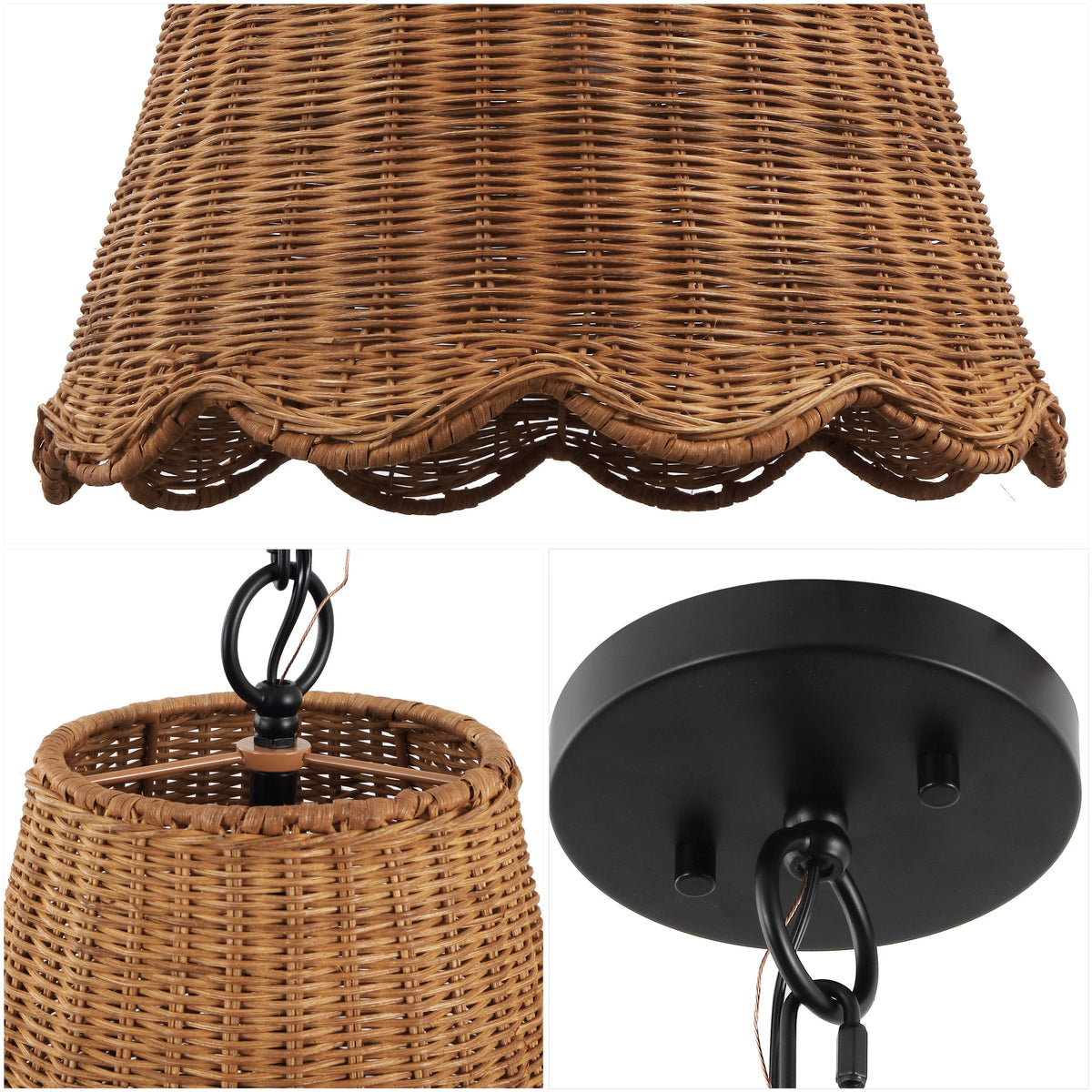 Maria 16" 3-Light Coastal Bohemian Adjustable Hand-Woven Rattan Tapered Scalloped Cylinder LED Pendant, Brown/Black