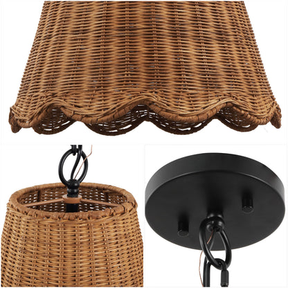 Maria 16" 3-Light Coastal Bohemian Adjustable Hand-Woven Rattan Tapered Scalloped Cylinder LED Pendant, Brown/Black