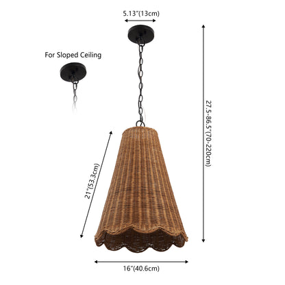 Maria 16" 3-Light Coastal Bohemian Adjustable Hand-Woven Rattan Tapered Scalloped Cylinder LED Pendant, Brown/Black