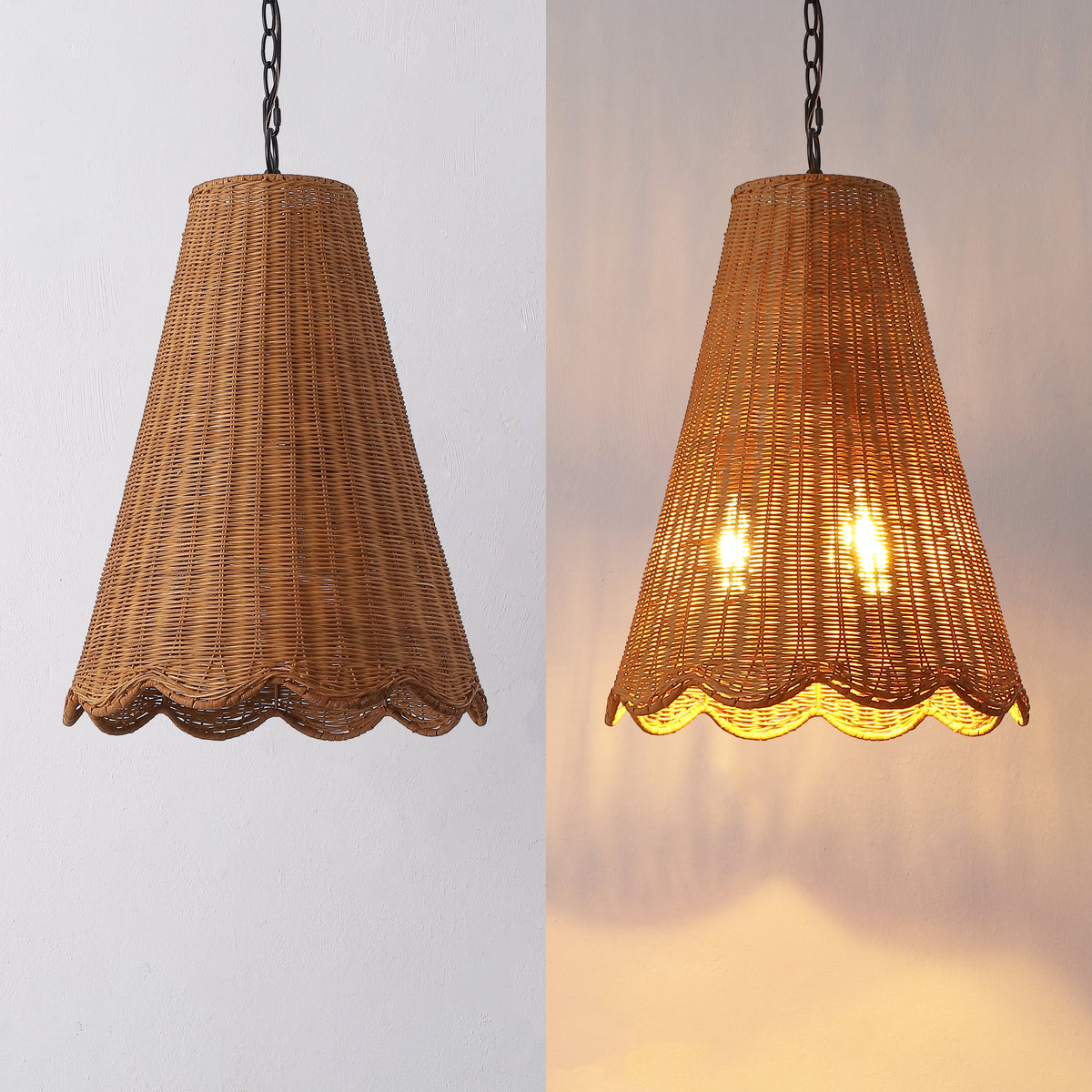 Maria 16" 3-Light Coastal Bohemian Adjustable Hand-Woven Rattan Tapered Scalloped Cylinder LED Pendant, Brown/Black