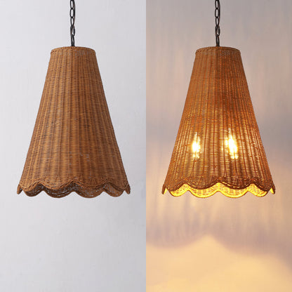 Maria 16" 3-Light Coastal Bohemian Adjustable Hand-Woven Rattan Tapered Scalloped Cylinder LED Pendant, Brown/Black