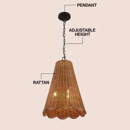 Maria 16" 3-Light Coastal Bohemian Adjustable Hand-Woven Rattan Tapered Scalloped Cylinder LED Pendant, Brown/Black