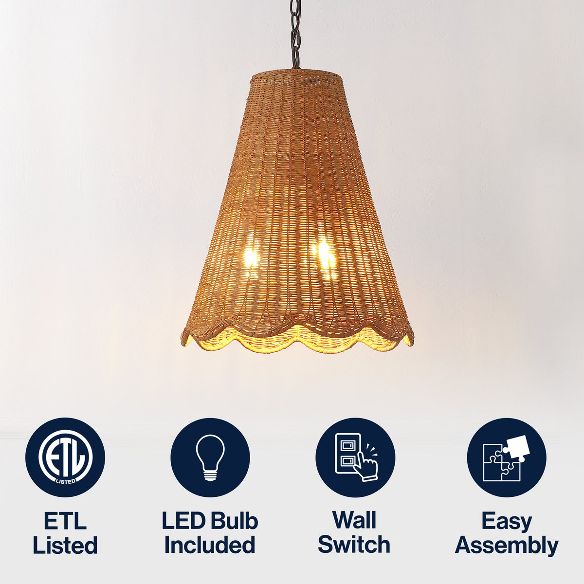 Maria 16" 3-Light Coastal Bohemian Adjustable Hand-Woven Rattan Tapered Scalloped Cylinder LED Pendant, Brown/Black