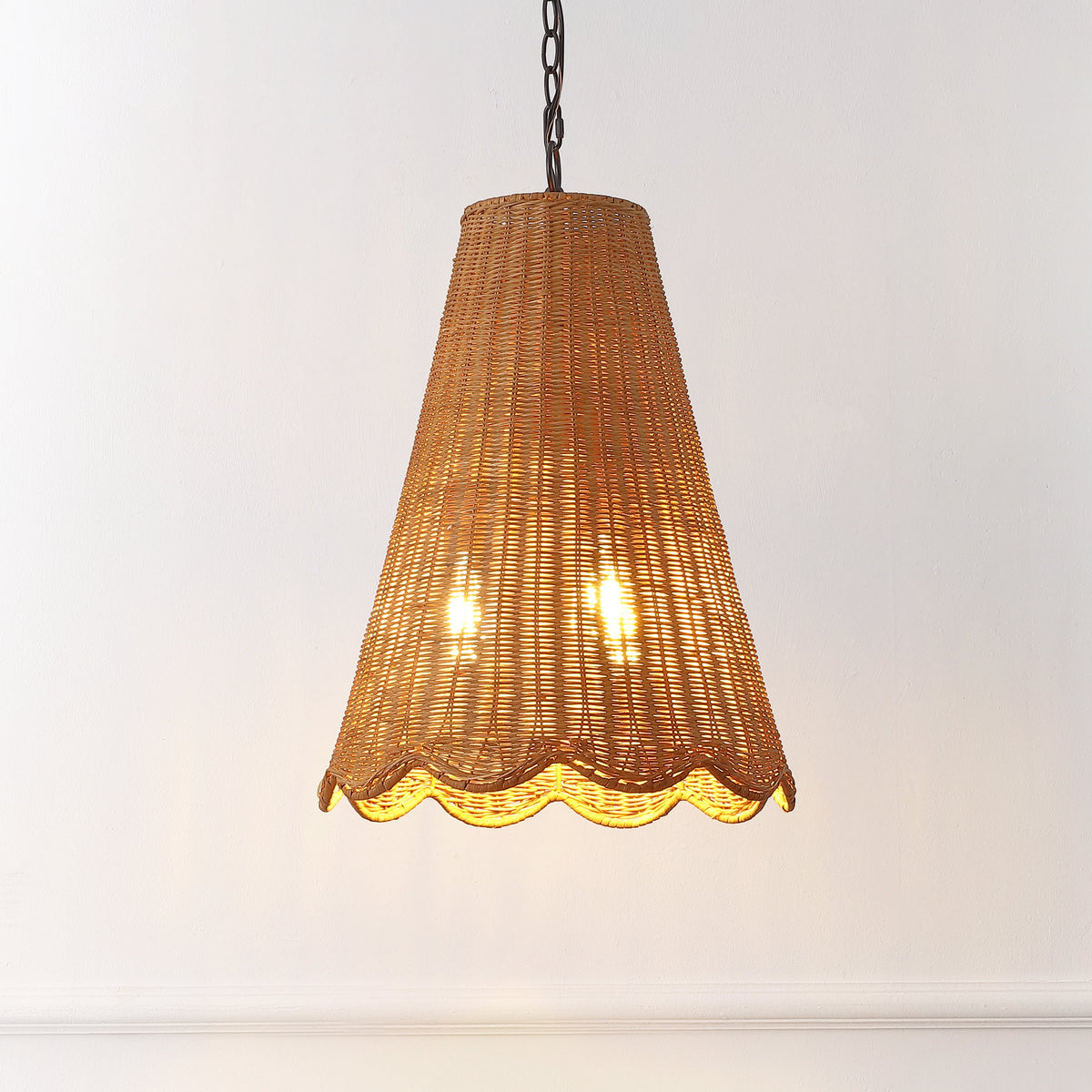 Maria 16" 3-Light Coastal Bohemian Adjustable Hand-Woven Rattan Tapered Scalloped Cylinder LED Pendant, Brown/Black