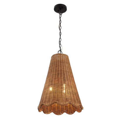 Maria 16" 3-Light Coastal Bohemian Adjustable Hand-Woven Rattan Tapered Scalloped Cylinder LED Pendant, Brown/Black