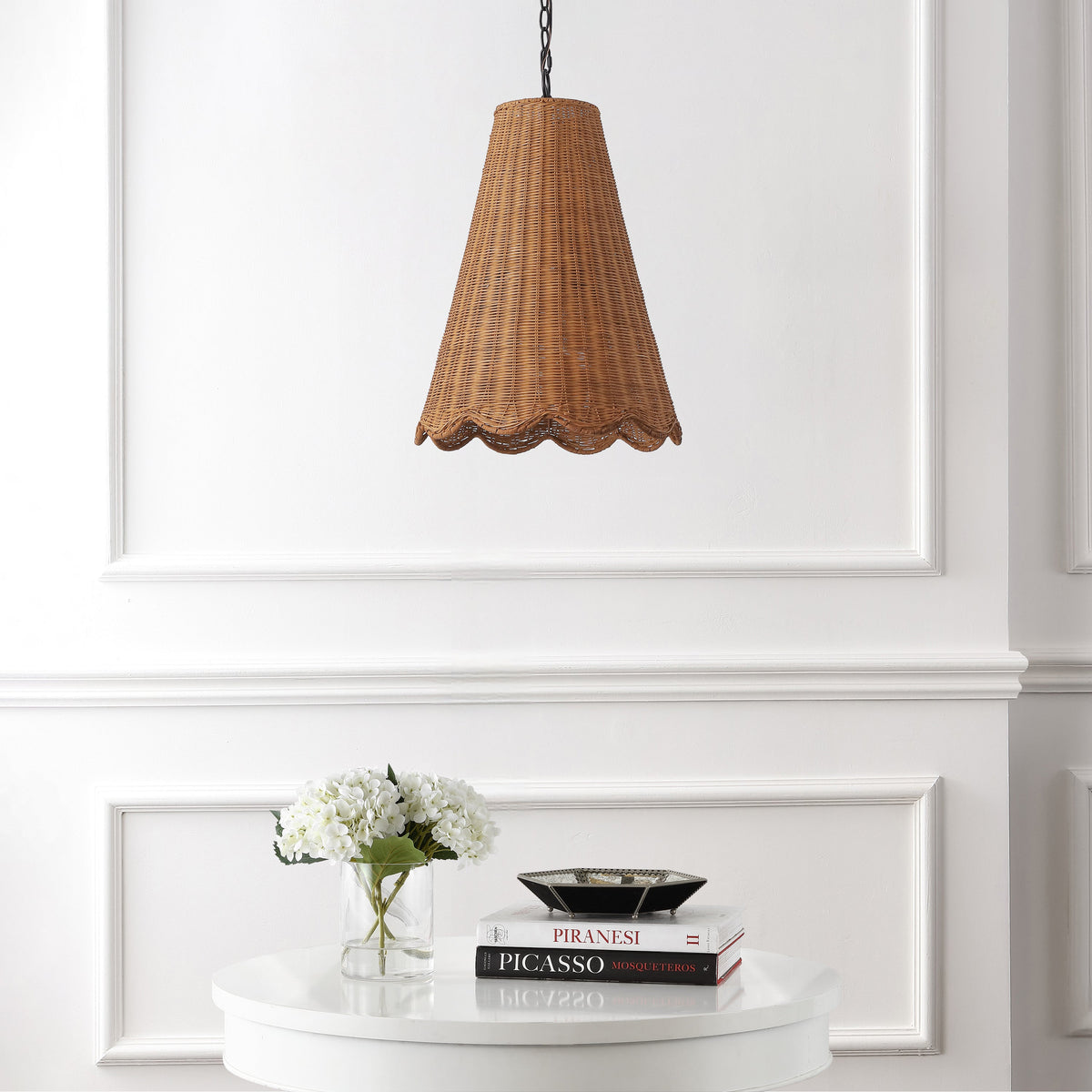Maria 16" 3-Light Coastal Bohemian Adjustable Hand-Woven Rattan Tapered Scalloped Cylinder LED Pendant, Brown/Black