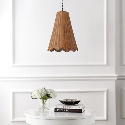 Maria 16" 3-Light Coastal Bohemian Adjustable Hand-Woven Rattan Tapered Scalloped Cylinder LED Pendant, Brown/Black