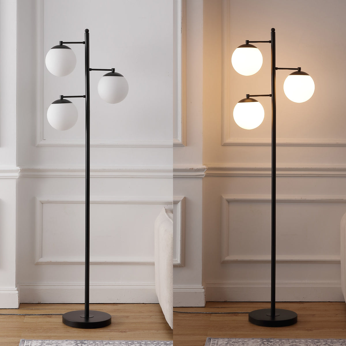 Ellie 3-Light Mid-Century Modern Metal LED Floor Lamp with Triple Frosted Globe Shades