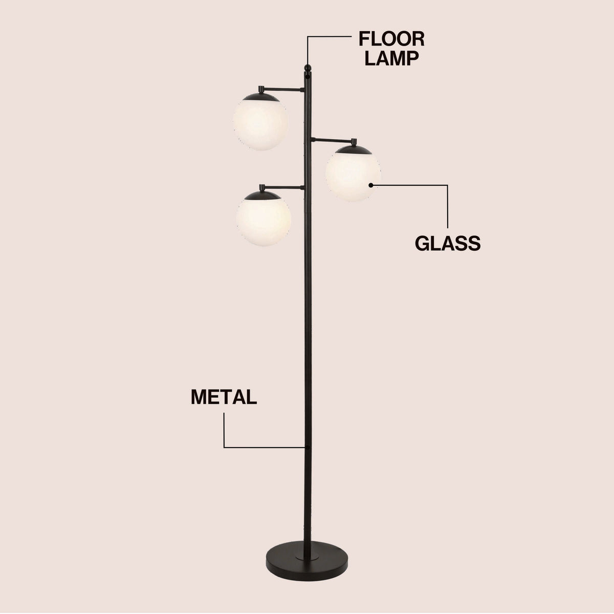 Ellie 3-Light Mid-Century Modern Metal LED Floor Lamp with Triple Frosted Globe Shades
