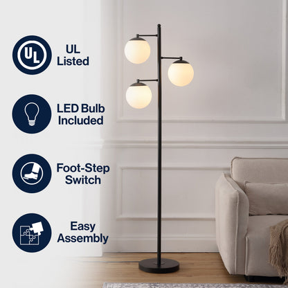 Ellie 3-Light Mid-Century Modern Metal LED Floor Lamp with Triple Frosted Globe Shades