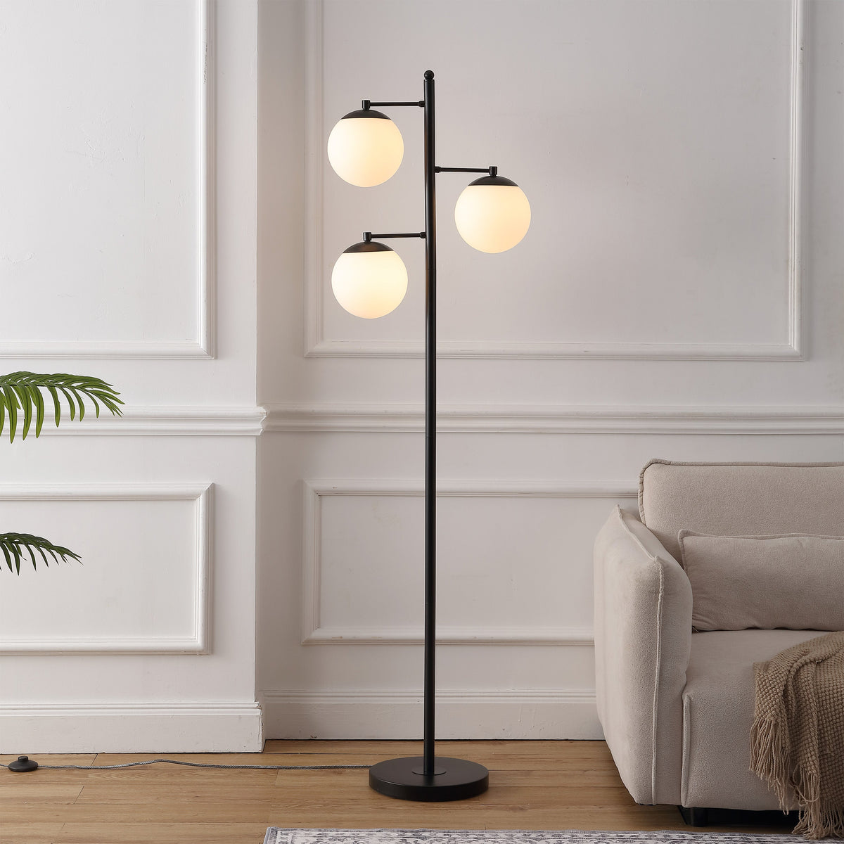 Ellie 3-Light Mid-Century Modern Metal LED Floor Lamp with Triple Frosted Globe Shades