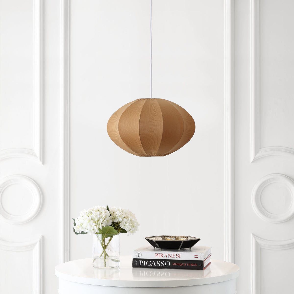 Kira 18.38" 1-Light Scandinavian Japandi Adjustable Lantern Metal with Ribbed Cocoon UFO Saucer Shade LED Pendant