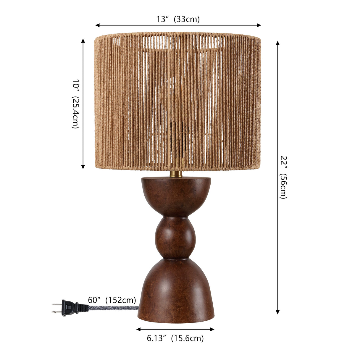Sherry 22" Bohemian Coastal Hourglass Totem Resin with Hand-Woven Paper Rope Drum Shade LED Table Lamp, Set of 2