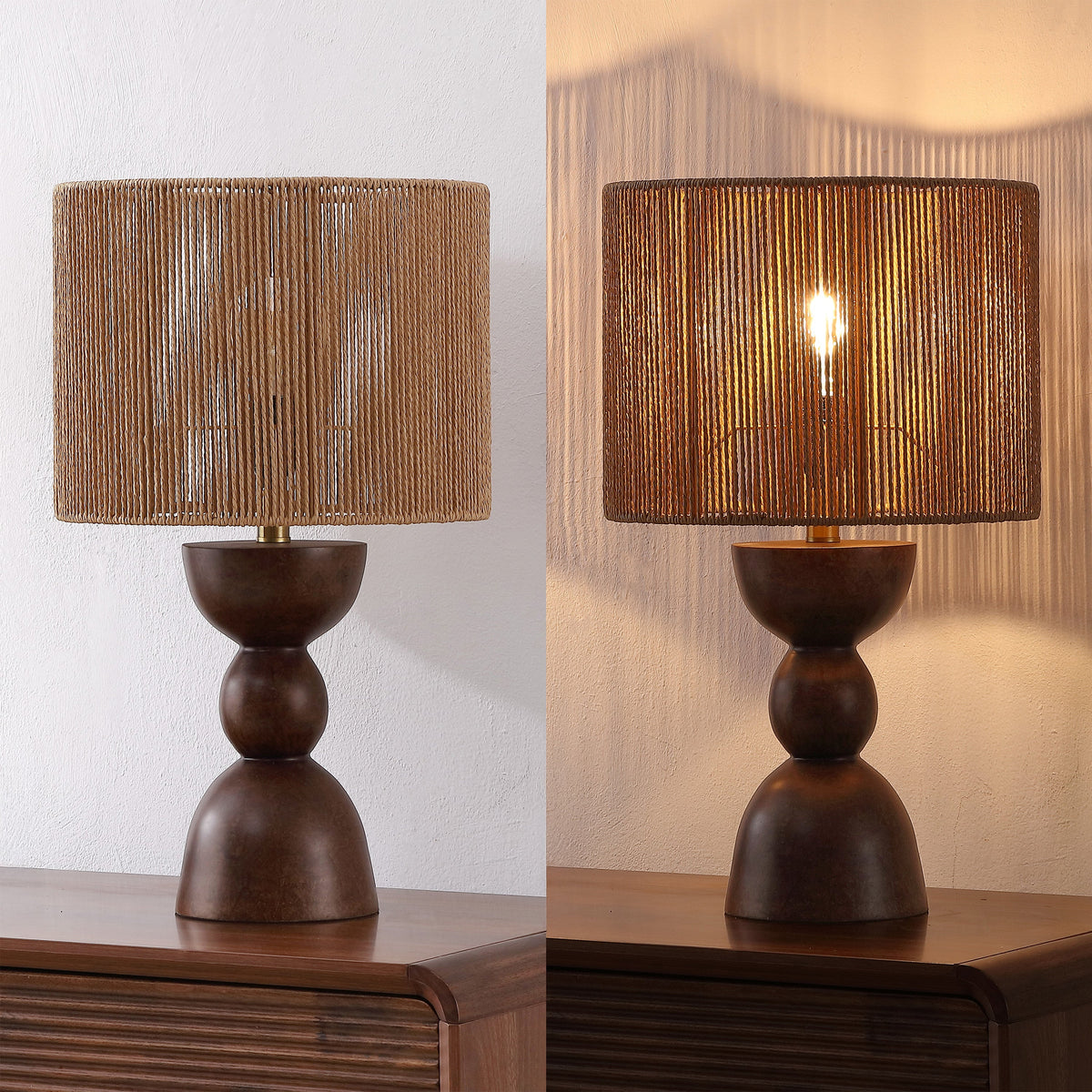 Sherry 22" Bohemian Coastal Hourglass Totem Resin with Hand-Woven Paper Rope Drum Shade LED Table Lamp, Set of 2