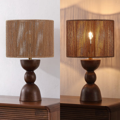 Sherry 22" Bohemian Coastal Hourglass Totem Resin with Hand-Woven Paper Rope Drum Shade LED Table Lamp, Set of 2