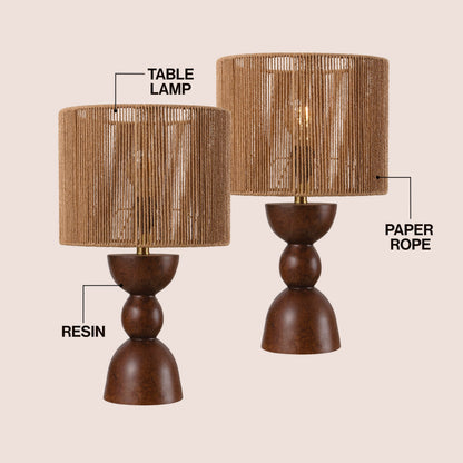 Sherry 22" Bohemian Coastal Hourglass Totem Resin with Hand-Woven Paper Rope Drum Shade LED Table Lamp, Set of 2