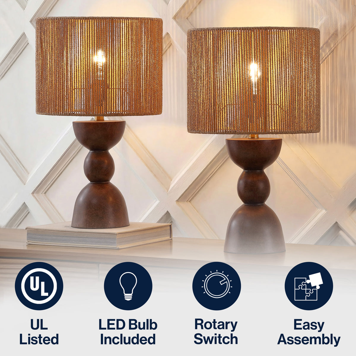 Sherry 22" Bohemian Coastal Hourglass Totem Resin with Hand-Woven Paper Rope Drum Shade LED Table Lamp, Set of 2