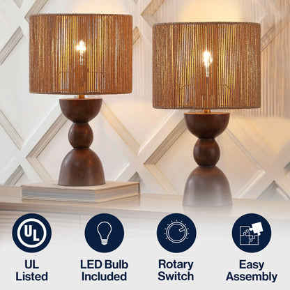 Sherry 22" Bohemian Coastal Hourglass Totem Resin with Hand-Woven Paper Rope Drum Shade LED Table Lamp, Set of 2