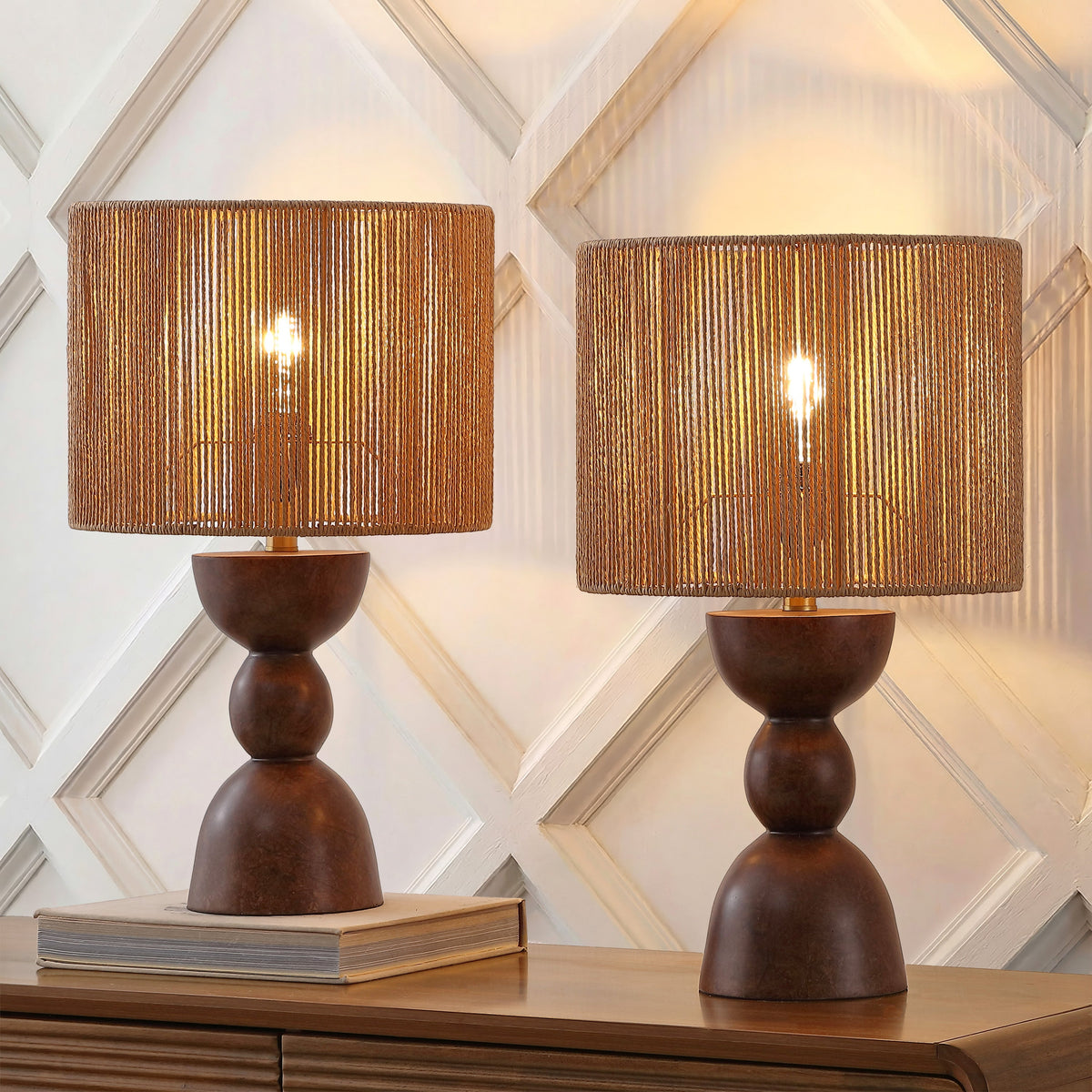 Sherry 22" Bohemian Coastal Hourglass Totem Resin with Hand-Woven Paper Rope Drum Shade LED Table Lamp, Set of 2