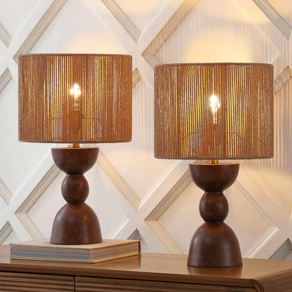 Sherry 22" Bohemian Coastal Hourglass Totem Resin with Hand-Woven Paper Rope Drum Shade LED Table Lamp, Set of 2
