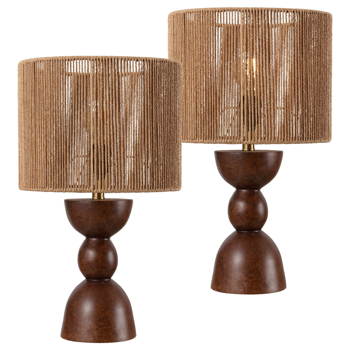 Sherry 22" Bohemian Coastal Hourglass Totem Resin with Hand-Woven Paper Rope Drum Shade LED Table Lamp, Set of 2